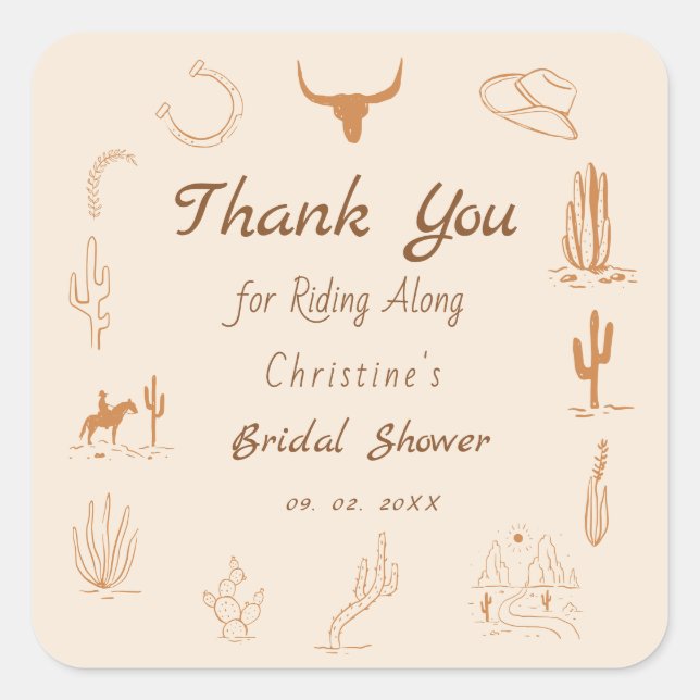 Sticker Carré Boho Western Saddup Cowboy douche nuptiale (Devant)