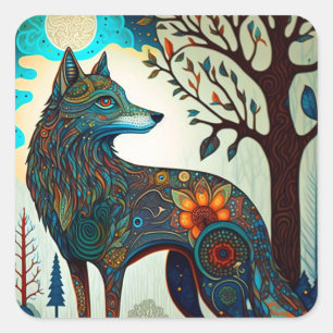 Sticker Carré Boho Wolf Surreal Wildlife Art