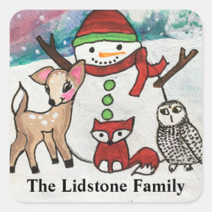 Sticker Carré Bois Animaux Snowman Nom de famille
