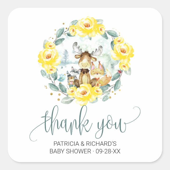 Sticker Carré Bois Baby shower de verdure fleurie Merci (Devant)