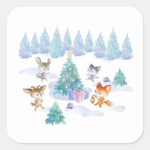 Sticker Carré Bois dansantes Animaux de Noël Aquarelle