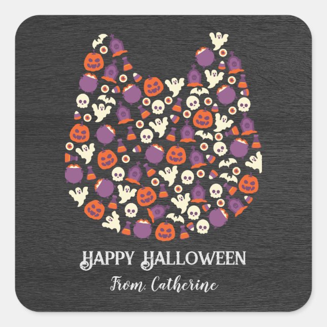 Sticker Carré bois foncé chat chien mignon Halloween invitations (Devant)