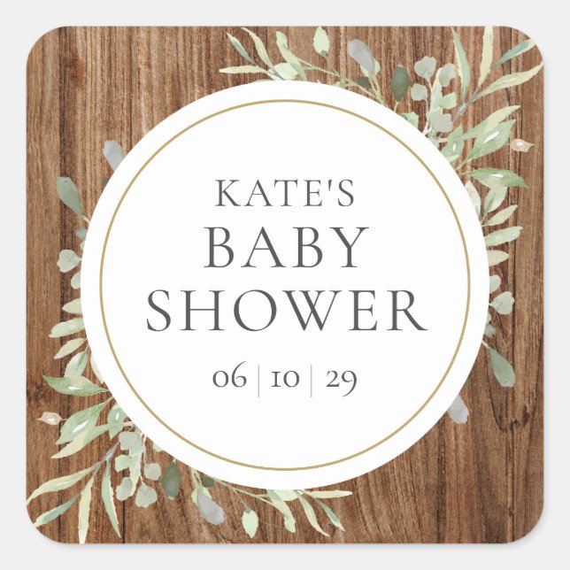 Sticker Carré Bois rustique Aquarelle Baby shower vert (Devant)