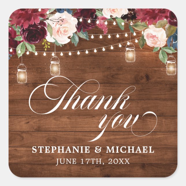 Sticker Carré Bois rustique Bourgogne Floral Mason Jar Mariage (Devant)