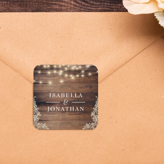 Sticker Carré Bois rustique, dentelle et Mariage à cordes (Square Sticker Mock-up)