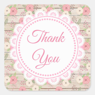 Sticker Carré Bois rustique et Fleurs Merci Mariage