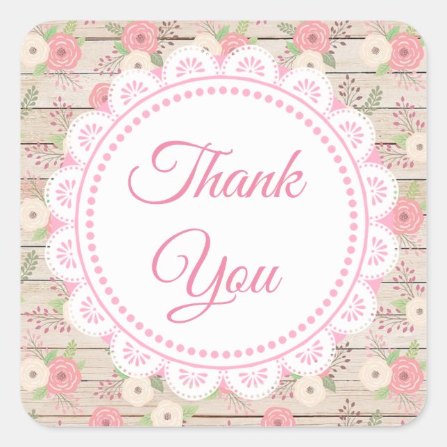 Sticker Carré Bois rustique et Fleurs Merci Mariage (Devant)