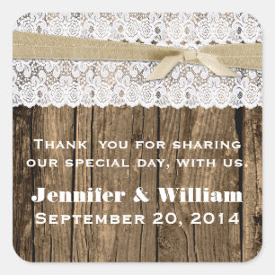 Sticker Carré Bois rustique et mariage dentelle Favoriser Sticke