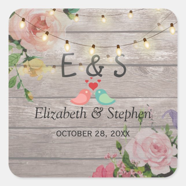 Sticker Carré Bois Rustique Floral String éclats Mariage Faveur (Devant)