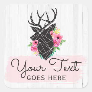 Sticker Carré Bois rustique Rose moderne géométrique cerf et cha