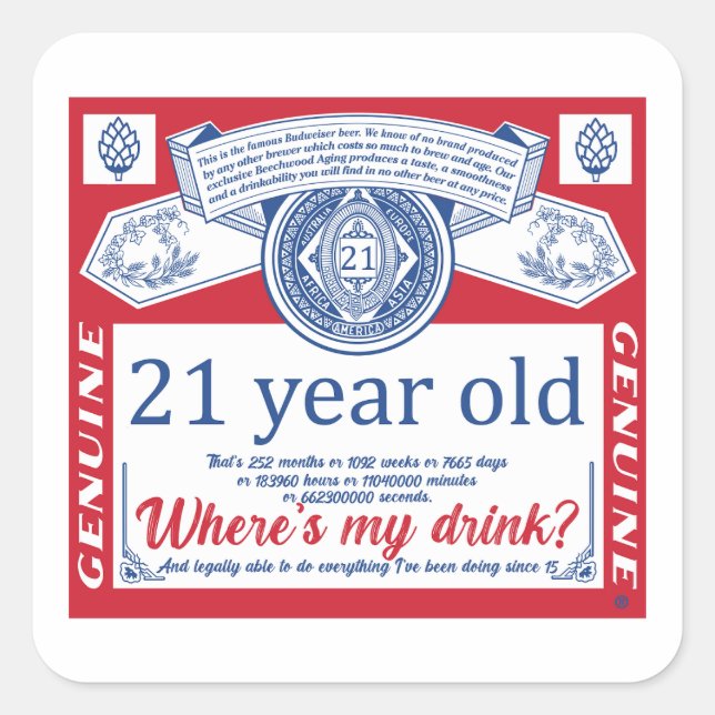 Sticker Carré Boisson du 21e anniversaire légal, où est ma boiss (Devant)