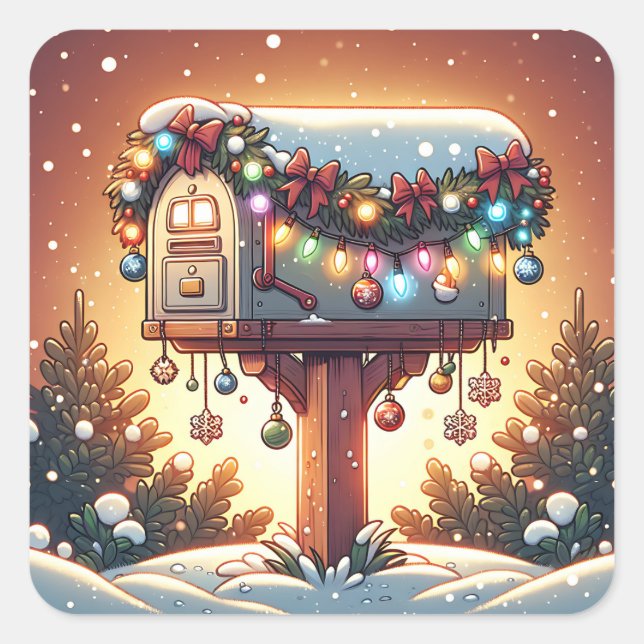 Sticker Carré Boîte aux lettres festive avec les lumières de Noë (Devant)