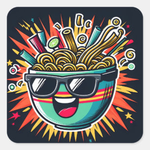Sticker Carré Bol de nouilles de dessin animé Ramen mignon drôle