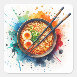 Sticker Carré Bol de nouilles de Ramen, d'oeufs et de baguettes
