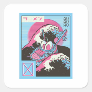 Sticker Carré Bol de Ramen Design Vaporwave