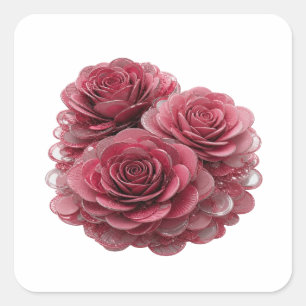 Sticker Carré Bold Argent TROIS ROSES ROSES AVEC GOUTTES D'EAU