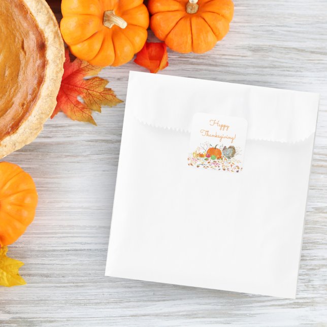Sticker Carré Bon thanksgiving aquarelle Citrouille & Turquie (Créateur téléchargé)