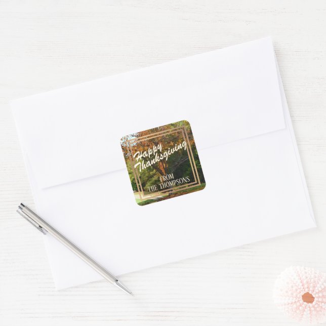 Sticker Carré Bon thanksgiving d'aquarelle de forêt personnalisé (Enveloppe)