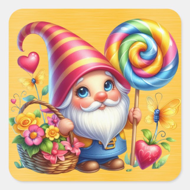 Sticker Carré Bonbon à panier à fleurs Rainbow Gnome (Devant)