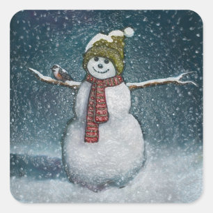Sticker Carré Bonhomme de neige avec le Chickadee : Scène