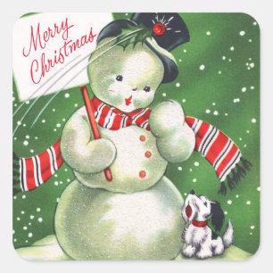 Sticker Carré Bonhomme de neige avec le chien