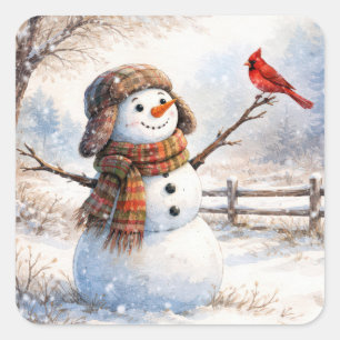 Sticker Carré Bonhomme de neige avec un cardinal rouge