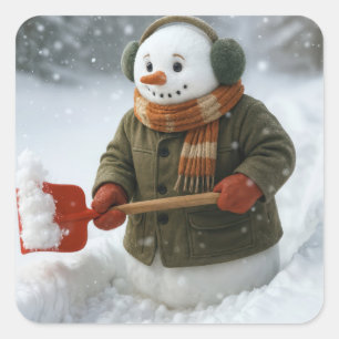 Sticker Carré Bonhomme de neige de Noël déblayant la neige