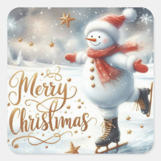 Sticker Carré Bonhomme de neige patinant Joyeux Noël