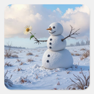 Sticker Carré Bonhomme de neige tenant une marguerite blanche