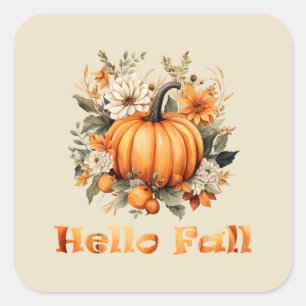 Sticker Carré Bonjour Automne aquarelle fleur sauvage feuilles d