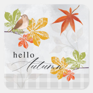 Sticker Carré Bonjour automne avec les feuilles d'oiseaux et d'a