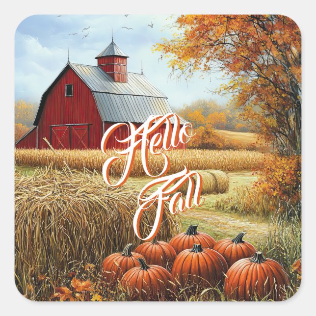 Sticker Carré Bonjour Automne Thanksgiving Rural Grange Citrouil (Devant)