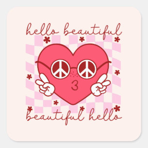 Sticker Carré Bonjour Beau Coeur Rose