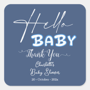 Sticker Carré Bonjour Bébé Élégante Baby Shower Bleu Foncé