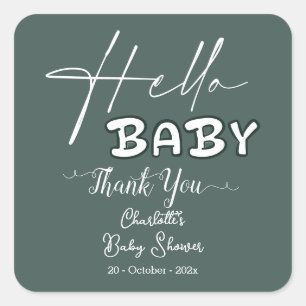 Sticker Carré Bonjour Bébé Élégante Baby Shower Vert Foncé