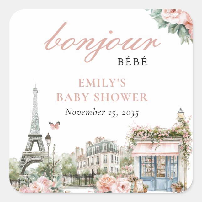 Sticker Carré Bonjour Bébé Paris Baby shower français (Devant)