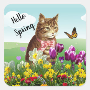 Sticker Carré Bonjour Chat de Jardin de Printemps Saisonnière