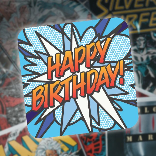 Sticker Carré BONJOUR D'ANNIVERSAIRE amusant Retro Comic Book (HAPPY BIRTHDAY Fun Retro Comic Book Square Sticker)