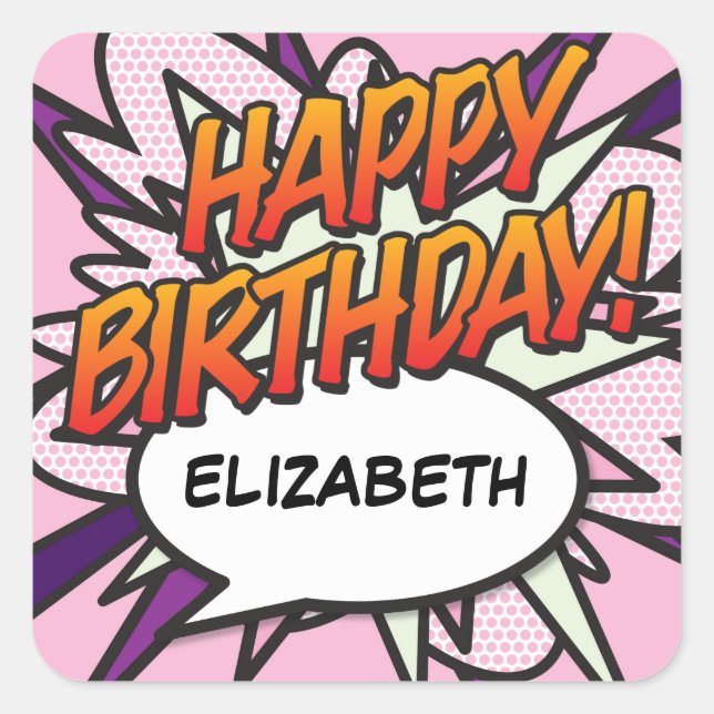 Sticker Carré BONJOUR D'ANNIVERSAIRE Bubble Fun Retro Comic Book (Devant)