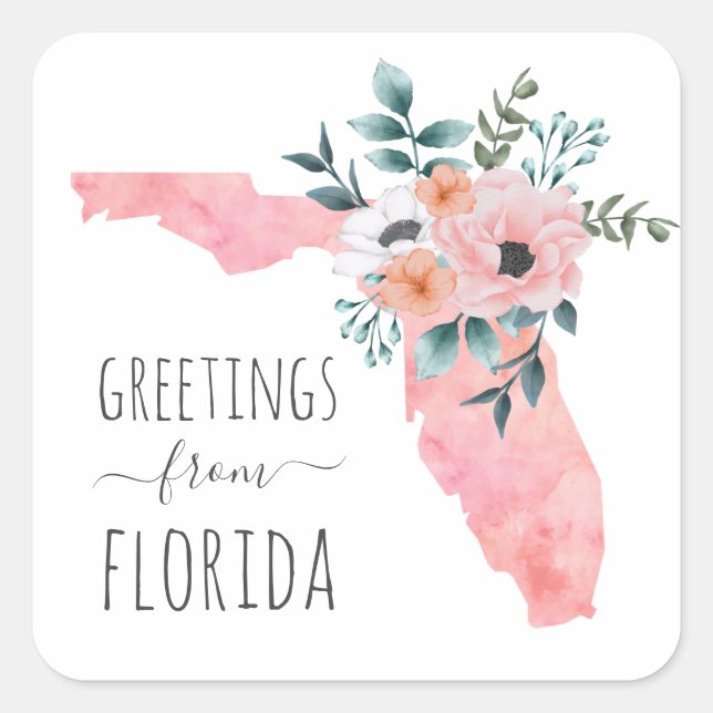 Sticker Carré Bonjour de Floride. Voyage. Aquarelle florale (Devant)