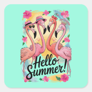 Sticker Carré Bonjour l'été Flamingo Mignon Vacances de plage Tr
