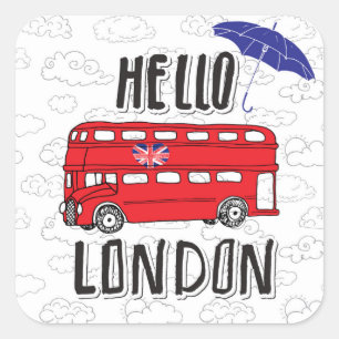 Sticker Carré Bonjour Londres   Panneau Lettré main avec paraplu