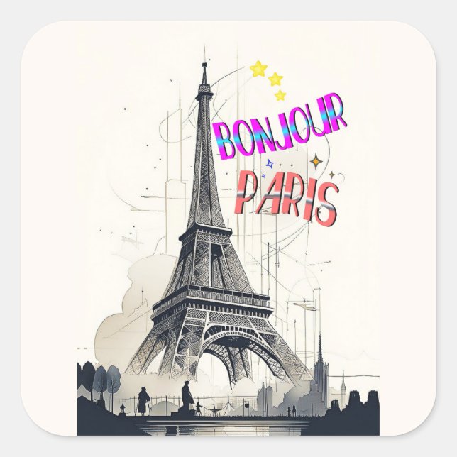 Sticker Carré Bonjour Paris coloré (Devant)