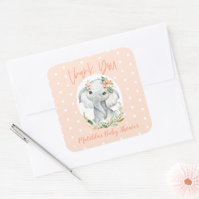 Sticker Carré Bonjour petit un merci baby shower éléphant (Enveloppe)