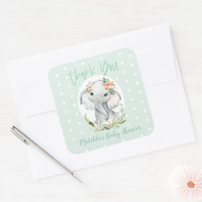 Sticker Carré Bonjour petit un merci baby shower éléphant (Enveloppe)