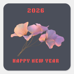 Sticker Carré Bonne année 2026 Illustration de fleur de lotus ro
