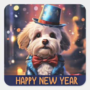 Sticker Carré Bonne année, caniche maltaise,