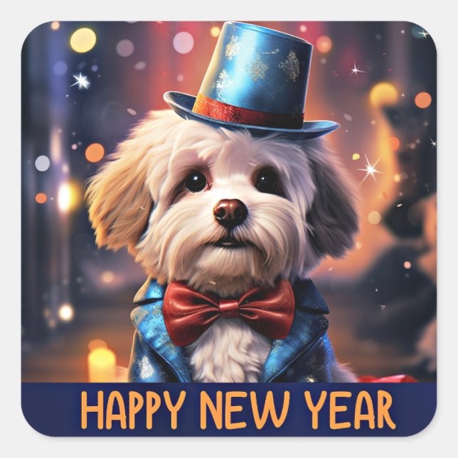 Sticker Carré Bonne année, caniche maltaise, (Devant)
