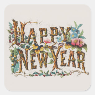 Sticker Carré Bonne année dans les troncs d'arbres, les glands e
