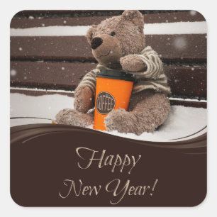 Sticker Carré Bonne année. Ours en peluche.